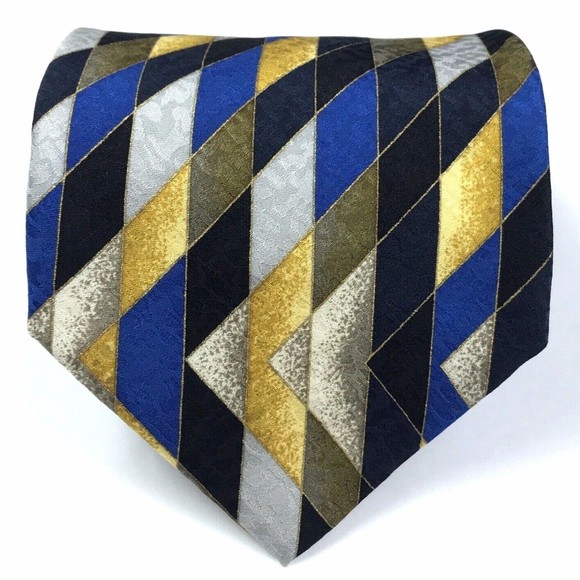 Cade Furcra Milano Other - Elegant Striped Zig Zag Abstract Black Blue Yellow Gray 100% Silk Necktie ITALY
